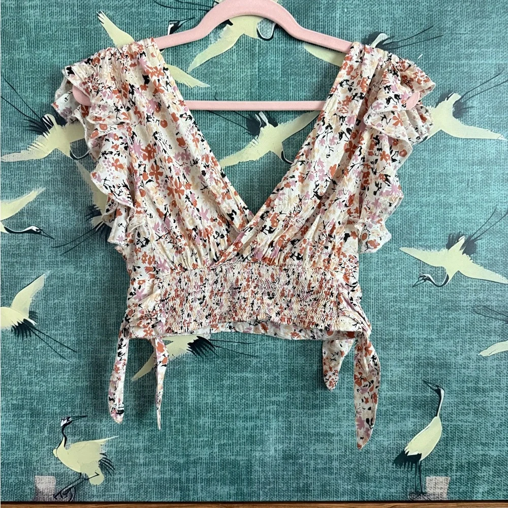Free People Floral Ruffle Crop Top - Cream and Orange - Picture 5 of 6